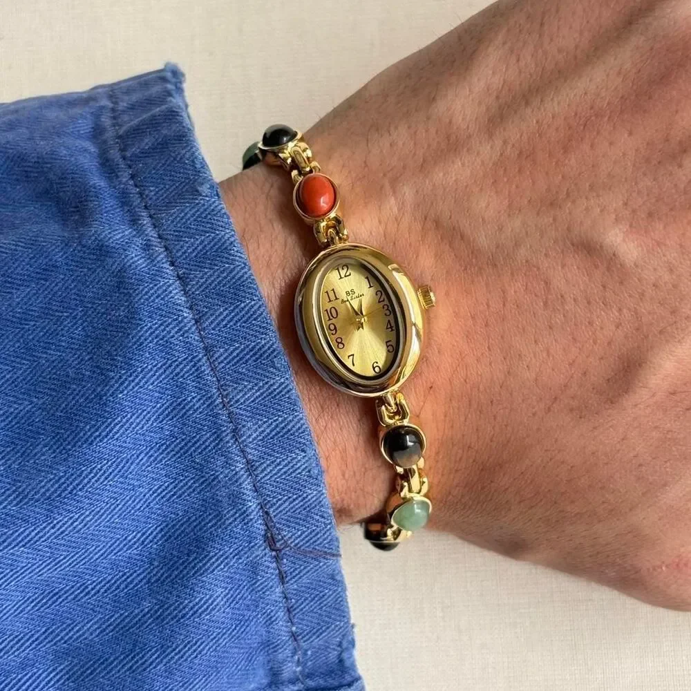 y2k cute gold round stainless steel quartz multi color stone charm watch